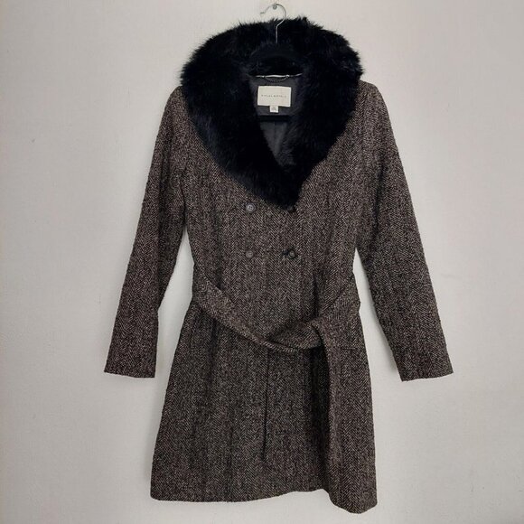 Banana Republic Jackets & Blazers - Banana Republic Gray Black Pea coat Faux Fur Neck Belted Pockets Herringbone  XS